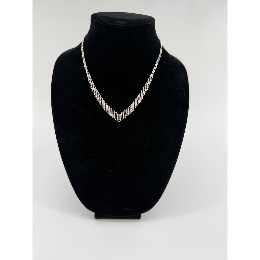 Sterling Silver 925 Woven Mesh V-Necklace Chevron Diamond Cut 17 Inch